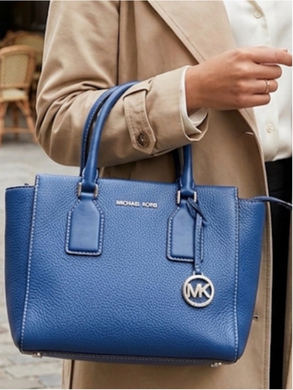 Michael Kors Cobalt Blue Pebbled Leather Satchel Silver Hardware Crossbody Tote